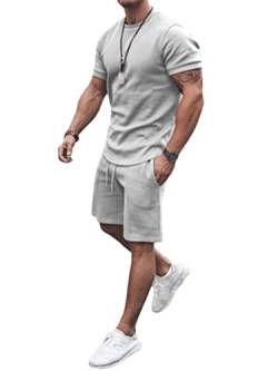 Osheoiso 2 Teiliges Sommersportanzug T-Shirts + Kurze Hose Sets Freizeitanzug Suit Outfit Sport Set Kurzarm Sporthose T-Shirt Männer Trainingsanzug Sporthose Mit Taschen A Grau 3XL von Osheoiso