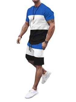 Osheoiso 2 Teiliges Sommersportanzug T-Shirts + Kurze Hose Sets Freizeitanzug Suit Outfit Sport Set Kurzarm Sporthose T-Shirt Männer Trainingsanzug Sporthose Mit Taschen B Blau M von Osheoiso