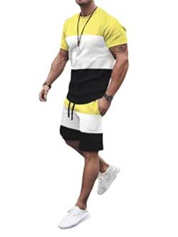 Osheoiso 2 Teiliges Sommersportanzug T-Shirts + Kurze Hose Sets Freizeitanzug Suit Outfit Sport Set Kurzarm Sporthose T-Shirt Männer Trainingsanzug Sporthose Mit Taschen B Gelb M von Osheoiso