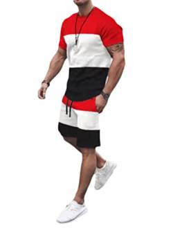 Osheoiso 2 Teiliges Sommersportanzug T-Shirts + Kurze Hose Sets Freizeitanzug Suit Outfit Sport Set Kurzarm Sporthose T-Shirt Männer Trainingsanzug Sporthose Mit Taschen B Rot XXL von Osheoiso