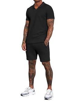 Osheoiso 2 Teiliges T-Shirt und Hosen Sets Herren Shirt Shorts Jogginganzug Einfarbig Freizeitanzug Outfit Sweathose Kurze für Männer Sommersportanzug Sets D Schwarz 3XL von Osheoiso