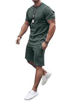 Osheoiso 2 Teiliges T-Shirt und Hosen Sets Herren Shirt Shorts Jogginganzug Einfarbig Freizeitanzug Outfit Sweathose Kurze für Männer Sommersportanzug Sets Freizeitanzug A Armeegrün 3XL von Osheoiso