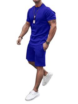 Osheoiso 2 Teiliges T-Shirt und Hosen Sets Herren Shirt Shorts Jogginganzug Einfarbig Freizeitanzug Outfit Sweathose Kurze für Männer Sommersportanzug Sets Freizeitanzug A Blau XXL von Osheoiso