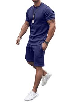 Osheoiso 2 Teiliges T-Shirt und Hosen Sets Herren Shirt Shorts Jogginganzug Einfarbig Freizeitanzug Outfit Sweathose Kurze für Männer Sommersportanzug Sets Freizeitanzug A Dunkelblau M von Osheoiso
