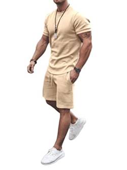 Osheoiso 2 Teiliges T-Shirt und Hosen Sets Herren Shirt Shorts Jogginganzug Einfarbig Freizeitanzug Outfit Sweathose Kurze für Männer Sommersportanzug Sets Freizeitanzug A Khaki L von Osheoiso