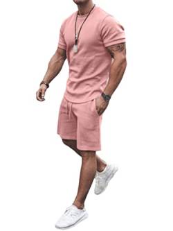 Osheoiso 2 Teiliges T-Shirt und Hosen Sets Herren Shirt Shorts Jogginganzug Einfarbig Freizeitanzug Outfit Sweathose Kurze für Männer Sommersportanzug Sets Freizeitanzug A Rosa XL von Osheoiso