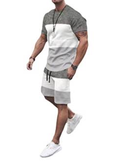 Osheoiso 2 Teiliges T-Shirt und Hosen Sets Herren Shirt Shorts Jogginganzug Einfarbig Freizeitanzug Outfit Sweathose Kurze für Männer Sommersportanzug Sets Freizeitanzug B Grau XL von Osheoiso