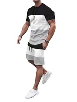 Osheoiso 2 Teiliges T-Shirt und Hosen Sets Herren Shirt Shorts Jogginganzug Einfarbig Freizeitanzug Outfit Sweathose Kurze für Männer Sommersportanzug Sets Freizeitanzug B Schwarz L von Osheoiso