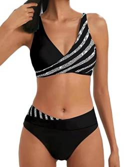 Osheoiso Damen Bademode Push Up Bikini Set Zweiteilige Badeanzug Geteilter Strandkleidung Neckholder Bikini Oberteil Sexy V Ausschnitt Sportlich Bikini A Schwarz 3XL von Osheoiso