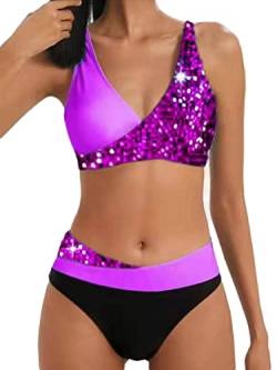 Osheoiso Damen Geteilter Badeanzug Push Up Bikini Set Neckholder Bikini Oberteil Bikini Bottom Damen Bademode Zweiteiliger Badeanzug Oversized C Violett XL von Osheoiso