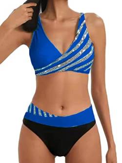 Osheoiso Damen Geteilter Badeanzug Push Up Bikini Set Neckholder Bikini Oberteil Bikini Vintage Damen Bademode Sport Zweiteiliger Badeanzug Oversized A Blau M von Osheoiso