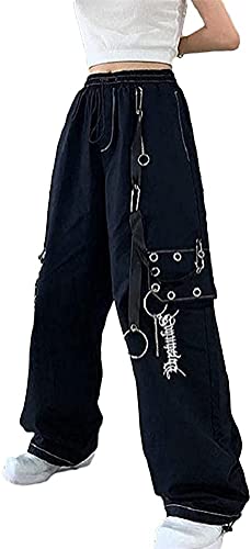 Osheoiso Damen Gothic Hosen Cargo Hosen Hip Hop Hohe Taille Jogger Street Hose mit Kette Pants Jogginghose Freizeithosen mit Reißverschluss Punk Streetwear G Schwarz S von Osheoiso