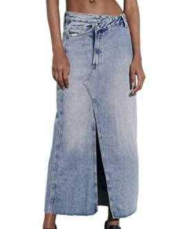 Osheoiso Damen Jeansrock Hohe Taille Maxirock mit Schlitz Casual Jeansrock Langer Hüften Umwickelt Röcke Bodycon Party Saum Seitlicher Rock Geteilter Midirock B3 Blau L von Osheoiso