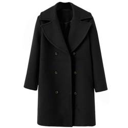 Osheoiso Damen Langer Wollmantel Beiläufig Taschen Damen Wollmantel Wintermantel Warme Winterjacke Overcoat Oberbekleidung A Schwarz M von Osheoiso