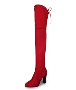 Osheoiso Damen Overknee Stiefel High Heels Einfarbige Mode Outdoor Boots Herbst Winter Stiefel Langschaft Stiefel Schnürschuhe A Rot 43 EU von Osheoiso