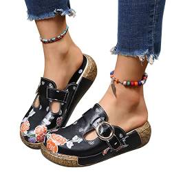 Osheoiso Damen Sandalen Sommer Clogs Hausschuhe Bequeme Support rutschfeste Atmungsaktiv Vintage Sandalette Schuhe Dicker Walking Flip Flop Gartenschuhe A Schwarz 38 EU von Osheoiso