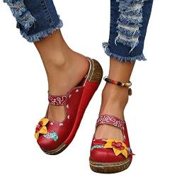 Osheoiso Damen Sandalen Sommer Clogs Hausschuhe Bequeme Support rutschfeste Atmungsaktiv Vintage Sandalette Schuhe Dicker Walking Flip Flop Gartenschuhe B Rot 37 EU von Osheoiso