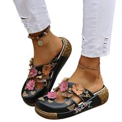 Osheoiso Damen Sandalen Sommer Clogs Hausschuhe Bequeme Support rutschfeste Atmungsaktiv Vintage Sandalette Schuhe Dicker Walking Flip Flop Gartenschuhe C Schwarz 39 EU von Osheoiso