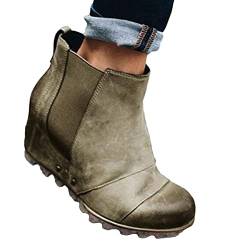 Osheoiso Damen Schuhe Stiefelette Winterschuhe Keilabsatz Mode Bequem Kurz Stiefel Outdoorstiefel Vintage High Heels Boots Grün 37 EU von Osheoiso