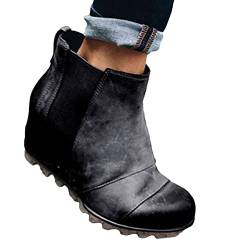 Osheoiso Damen Schuhe Stiefelette Winterschuhe Keilabsatz Mode Bequem Kurz Stiefel Outdoorstiefel Vintage High Heels Boots Schwarz 39 EU von Osheoiso