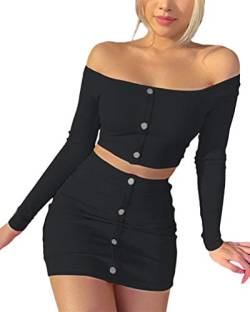 Osheoiso Damen Sexy Top mit Kurzem Rock Sets 2 Piece Bodycon Retro Langarm mit Minirock Bleistiftrock Figurbetont Rock Saum D Schwarz L von Osheoiso