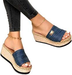 Osheoiso Damen Sommer Sandalen Lässige Flache Schuhe Plateau Flat Heel Elegant Espadrilles Römersandalen Pantoletten Peep Toe Flip Flop Schuhe Strandsandalen 38 EU A Blau von Osheoiso