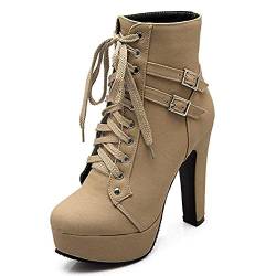 Osheoiso Damen Stiefel High Heels Plateau mit Schnalle Blockabsatz Klassische Elegant Stiefeletten Boots Schnürschuhe Kurze Damenstiefel A Beige 40 EU von Osheoiso