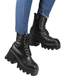 Osheoiso Damen Stiefeletten Biker Boots Plateau Schnürstiefel Blockabsatz Schuhe Freizeit Mode Frauen Stiefel mit Reißverschluss Schwarz 01 43 EU von Osheoiso