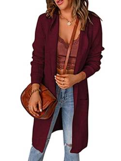 Osheoiso Damen Strickjacke mit Kapuze Open Front Pullover Casual Strickmantel Herbst Oberbekleidung Elegante Mid Lang Cardigan Outwear Mantel Overcoat Jacke A Weinrot XXL von Osheoiso