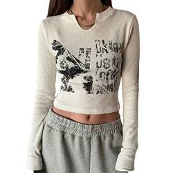 Osheoiso Damen Top Crop T-Shirt Langarmshirt Slim Fit Bedrucktem Langarm Shirt Mode Cropped Tops Chic für Party Shopping A Weiß S von Osheoiso