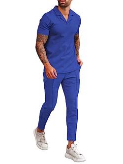 Osheoiso Freizeitanzug Herren Herbst Sommer Sportanzug Zweiteiler Jogginganzug Sommer Casual T-Shirt Kurzarm + Lang Sporthose Männer Hemd Traininganzug Outfit Sweathose C Dunkelblau M von Osheoiso