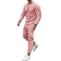 Osheoiso Freizeitanzug Herren Herbst Winter Langarm Sportanzug Zweiteiler Jogginganzug Sommer Loose Rundhals Tshirt + Sporthose Männer Traininganzug Outfit Sweathose A Rosa XL von Osheoiso