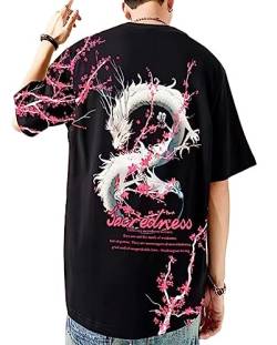 Osheoiso Herren Damen Paar T-Shirt Japanisch Harajuku Drucken T-Shirt Kurzarm Mode Oberteil Teenager Tops Bluse Shirt Hip Hop Techwear Shirt für Herren Damen D Schwarz L von Osheoiso