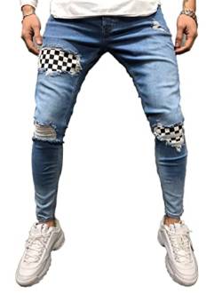 Osheoiso Herren Destroyed Jeans Biker Hose Herren Löcher Lang Jeans Denim Hose Vintage Männer Zerrissen Jeanshose Skinny Jeanshosen Bleistifthose Slim Fit F Hellblau 3XL von Osheoiso