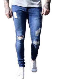 Osheoiso Herren Destroyed Jeans Biker Hose Herren Löcher Lang Jeans Denim Hose Vintage Männer Zerrissen Jeanshose Skinny Jeanshosen Bleistifthose Slim Fit H Dunkelblau L von Osheoiso