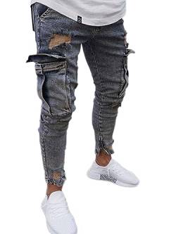 Osheoiso Herren Destroyed Jeans Biker Hose Herren Löcher Slim Fit Jeans Denim Hose Vintage Männer Zerrissen Jeanshose Skinny Jeanshosen Bleistifthose Hosen J Grau XXL von Osheoiso