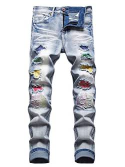 Osheoiso Herren Destroyed Jeans Biker Hose Herren Löcher Slim Fit Lang Jeans Denim Hose Mode Männer Zerrissen Jeanshose Skinny Jeanshosen Bleistifthose Hosen B Hellblau 32 von Osheoiso