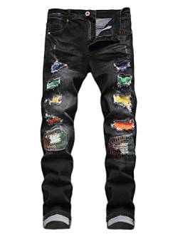 Osheoiso Herren Destroyed Jeans Biker Hose Herren Löcher Slim Fit Lang Jeans Denim Hose Mode Männer Zerrissen Jeanshose Skinny Jeanshosen Bleistifthose Hosen B Schwarz 32 von Osheoiso