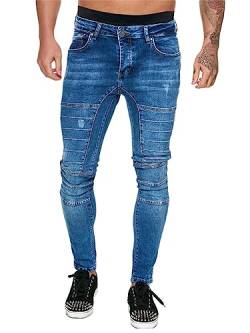 Osheoiso Herren Destroyed Jeans Biker Hose Herren Löcher Slim Fit Lang Jeans Denim Hose Vintage Männer Zerrissen Jeanshose Skinny Jeanshosen Bleistifthose Hosen G2 Dunkelblau XXL von Osheoiso