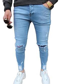 Osheoiso Herren Destroyed Jeans Biker Hose Herren Löcher Slim Fit Lang Jeans Denim Hose Vintage Männer Zerrissen Jeanshose Skinny Jeanshosen Bleistifthose Hosen G5 Hellblau L von Osheoiso