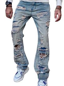 Osheoiso Herren Destroyed Jeans Biker Hose Herren Löcher Slim Fit Lang Jeans Denim Hose Vintage Männer Zerrissen Jeanshose Skinny Jeanshosen Bleistifthose Hosen G6 Hellblau L von Osheoiso