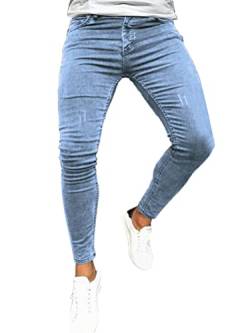 Osheoiso Herren Jeans Hose Slim Fit Denim Lange Destroyed Jeanshose für Männer Hip Hop Hose Coole Jungen Casual Stretch Freizeithose Schwarze Cargo Chino Hose C Blau XL von Osheoiso