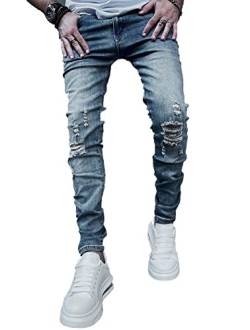 Osheoiso Herren Jeans Hose Slim Fit Denim Lange Destroyed Jeanshose für Männer Hip Hop Hose Coole Jungen Casual Stretch Freizeithose Schwarze Cargo Chino Hose E1 M von Osheoiso