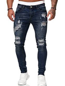 Osheoiso Herren Jeans Hose Slim Fit Denim Lange Destroyed Jeanshose für Männer Hip Hop Hose Coole Jungen Mode Stretch Freizeithose Schwarze Cargo Chino Hose Herbst A Dunkelblau 3XL von Osheoiso