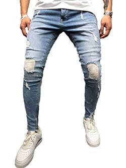 Osheoiso Herren Jeans Hose Slim Fit Denim Lange Destroyed Jeanshose für Männer Hip Hop Hose Coole Jungen Mode Stretch Freizeithose Schwarze Cargo Chino Hose Herbst E Hellblau 3XL von Osheoiso