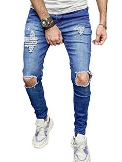 Osheoiso Herren Jeans Hose Slim Fit Denim Lange Destroyed Jeanshose für Männer Hip Hop Hose Coole Jungen Mode Stretch Freizeithose Schwarze Cargo Chino Hose Herbst F Dunkelblau XL von Osheoiso