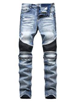 Osheoiso Herren Jeans Hose Slim Fit Denim Lange Destroyed Jeanshose für Männer Vintage Hip Hop Hose Coole Jungen Stretch Freizeithose Herbst Cargo Chino Hose A Hellblau 30 von Osheoiso