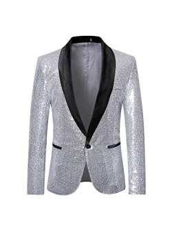 Osheoiso Herren Pailletten Langarm Blazer Business Slim Fit Herren Vintage Glanzhemd Nachtclub Blazer Männer Freizeit Mantel 70er Disco Party Glänzend Bluse B Silber XL von Osheoiso