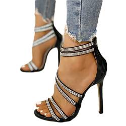 Osheoiso High Heels Für Damen Glänzende Strasssteine Sommersandalen Stiletto Sandalen Mit Offenem Zeh Abend Party Braut Pumps A Schwarz 38 EU von Osheoiso