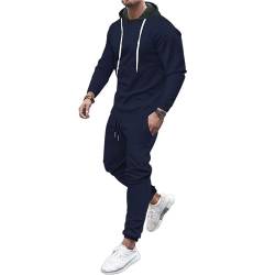 Osheoiso Jogginganzug Herren Haut Langarm + Hose Lang 2 Teiliges Sportanzug Outfit Einfarbig Freizeitanzug Workout Sets Gym Running Klassisch Pyjama Casual C Marine L von Osheoiso